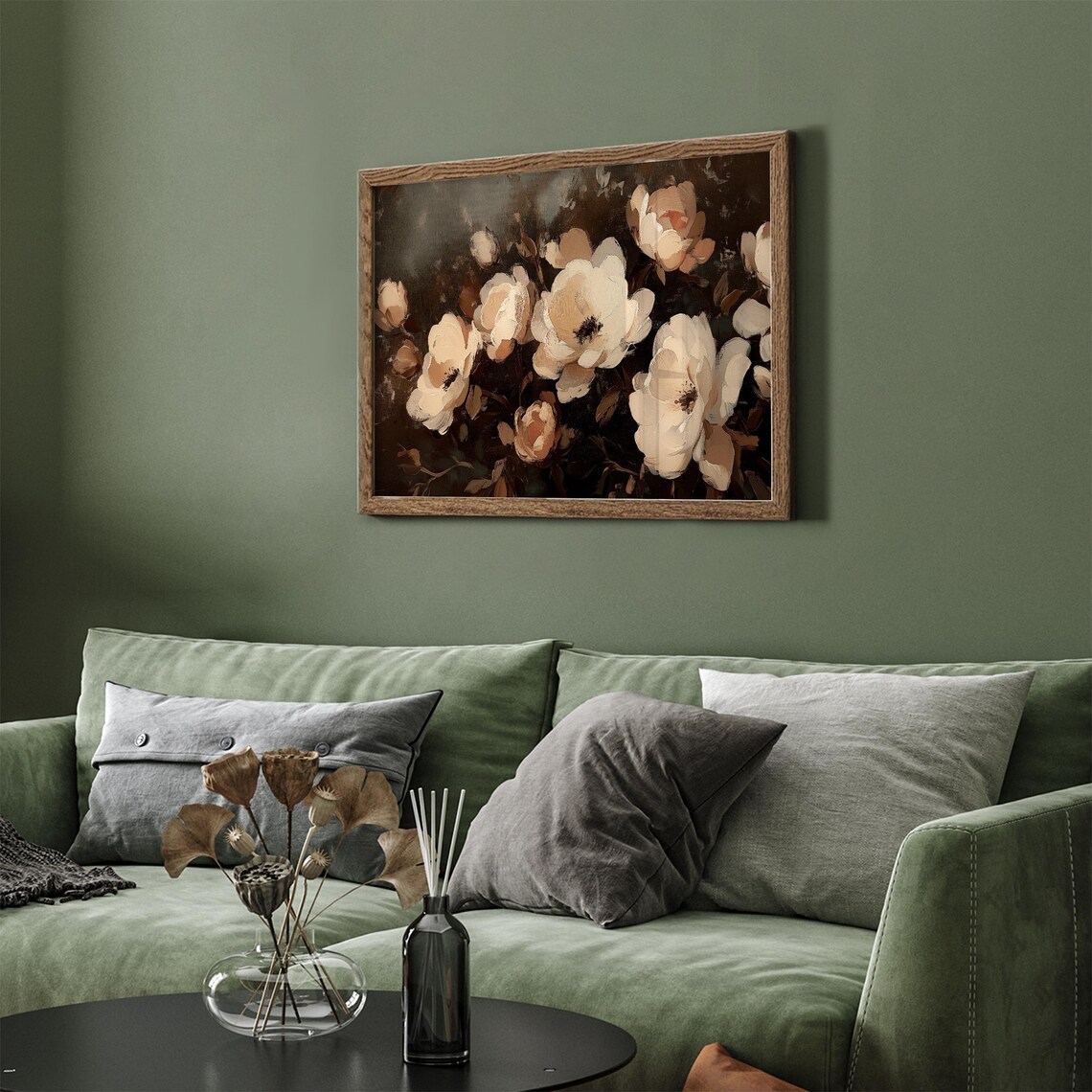 Cream Poppy Blooms Dark Moody Background Vintage Botanical Oil Print - Image 4