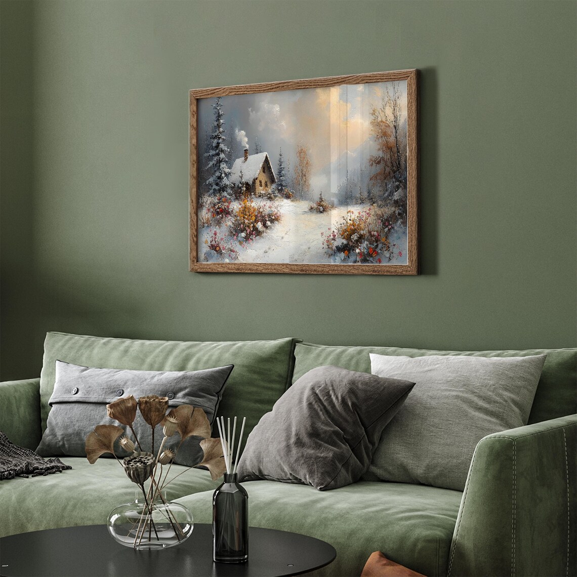 Snowy Cottage Wildflower Meadow Winter Landscape Frame TV Art Poster - Image 4