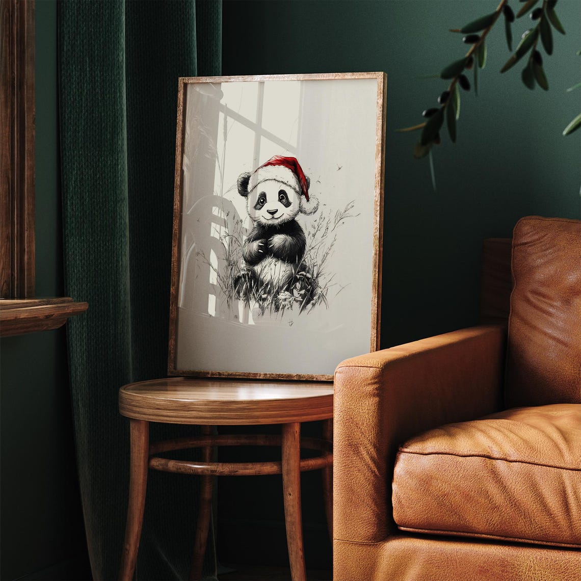 Cute Baby Panda With Santa Hat Sketch Neutral Christmas Nursery Wall Decor Vintage Winter Wall Art Panda Drawing Prints - Image 2