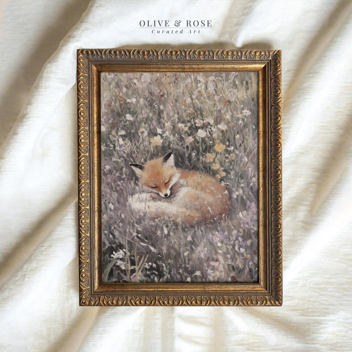 Sleeping Red Fox Curled In Wildflower Meadow Muted Oil Painting Poster