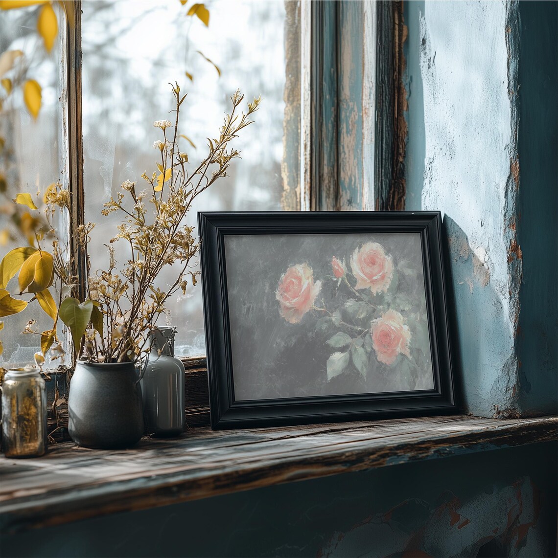Impressionist Peach Roses Dark Gray Vintage Floral Painting Art Poster - Image 3