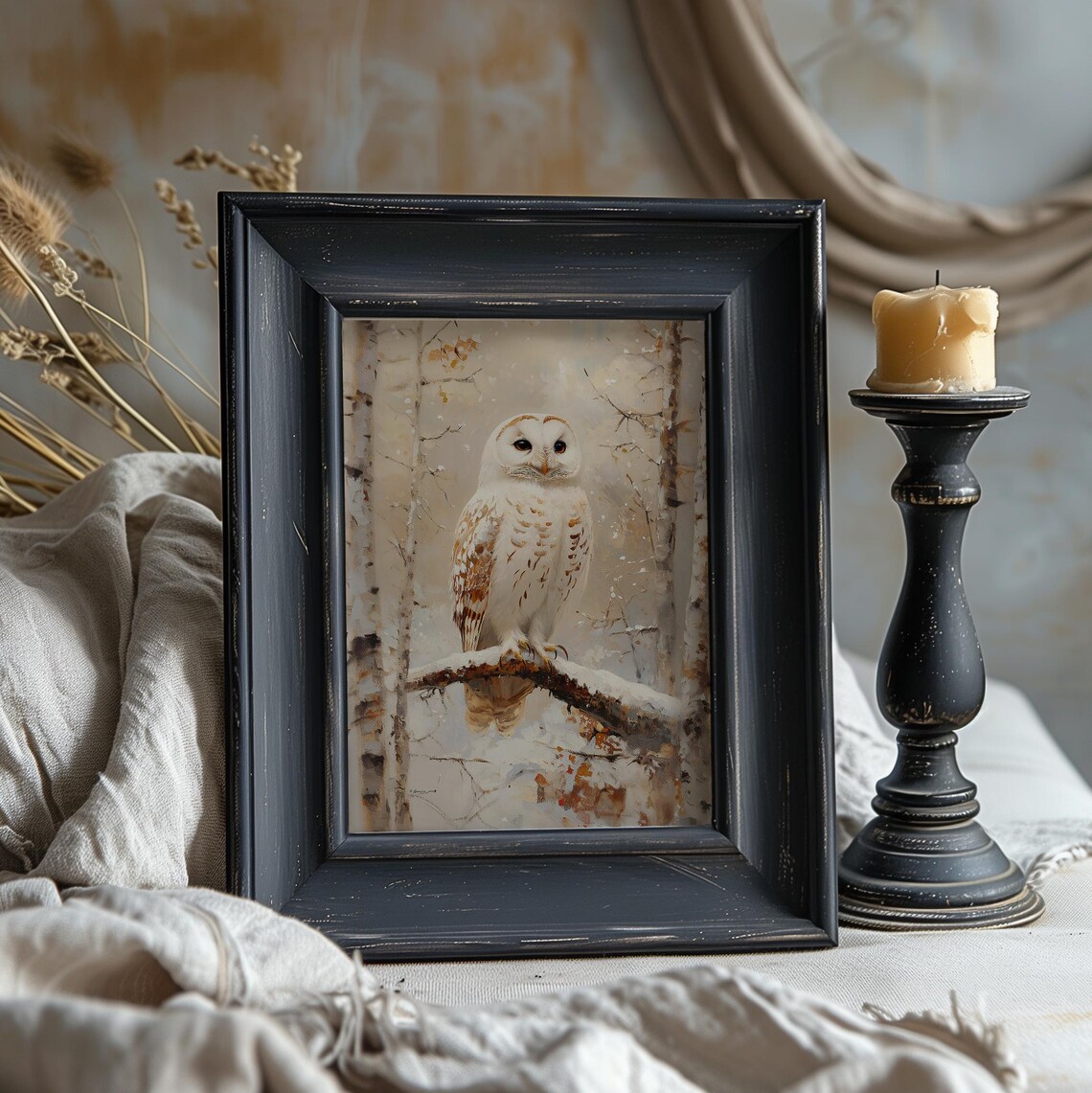 White Snowy Owl Winter Birch Forest Oil Painting Rustic Wall Art Poster - Image 2