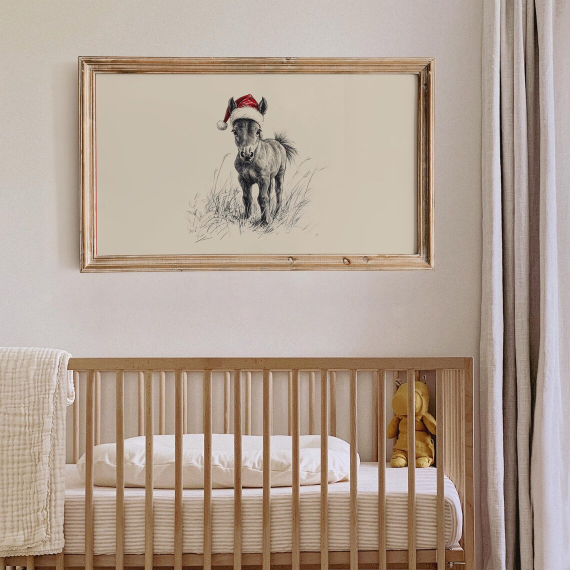 Sweet Foal Wearing Red Santa Hat Minimalist Sketch Christmas Wall Art - Image 2