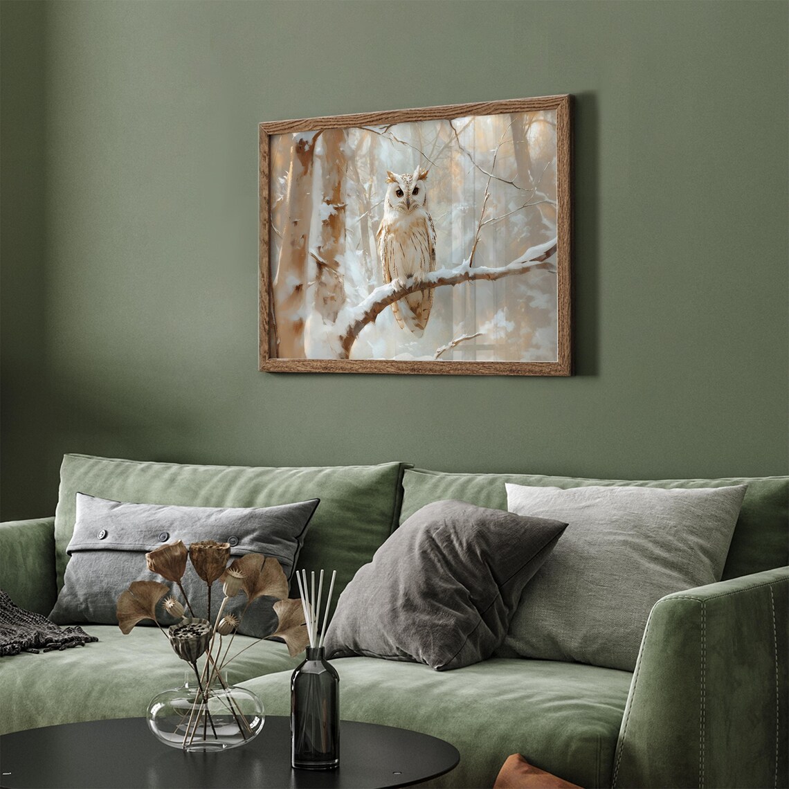 White Owl Perched On Snowy Branch Winter Forest Vintage Oil Painting Poster - Image 5