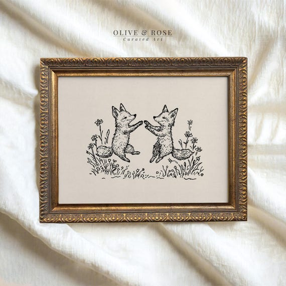 Vintage Cute Easter Fox Pencil Sketch Print Spring Dancing Fox Drawing Decor Neutral Nursery Wall Art Floral