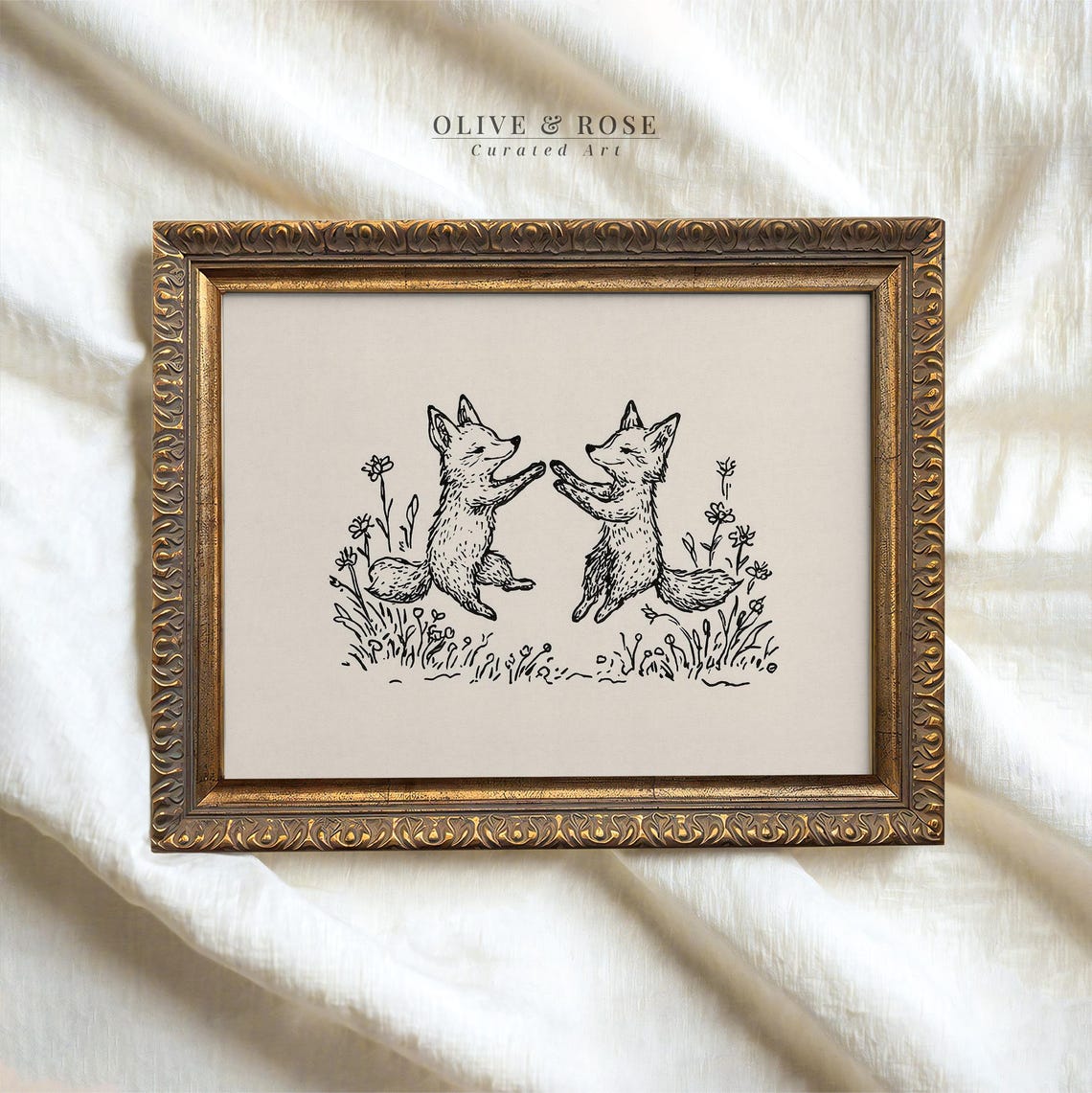 Two Playful Foxes Ink Line Drawing Floral Nursery Vintage Poster