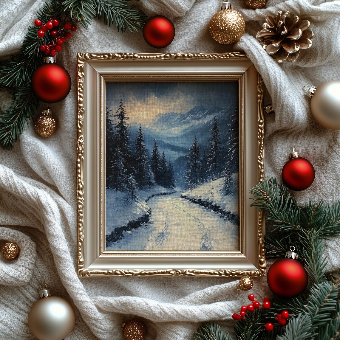 Snowy Mountain Road Dusk Pine Forest Moody Winter Landscape Art Poster - Image 3