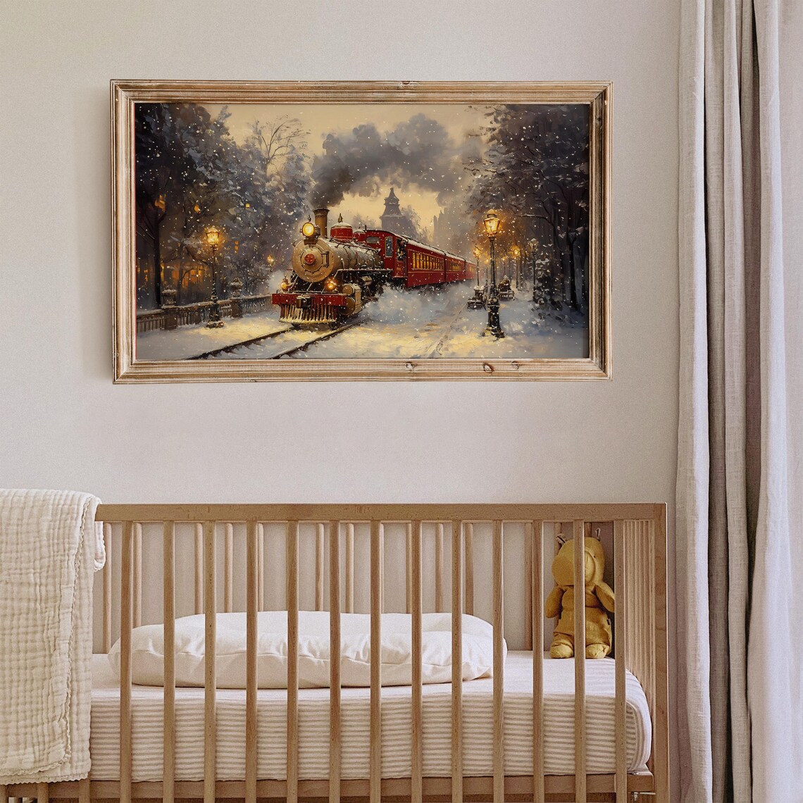Christmas Express Steam Train Snowy Night Station Vintage Art Poster - Image 2
