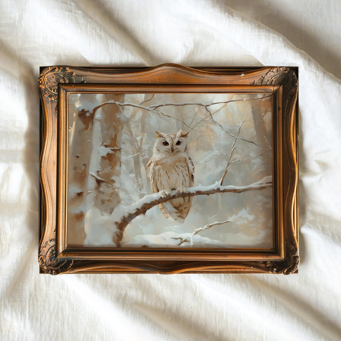 White Owl On Snowy Branch Winter Forest Antique Oil Painting Wall Art Poster - Image 3