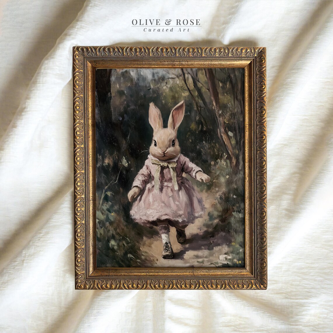 Bunny In Pink Dress Walking Forest Path Storybook Oil Painting Poster