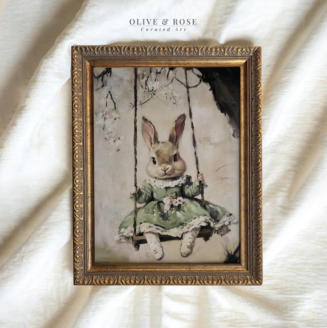 Bunny in Sage Green Dress on Tree Swing Vintage Easter Nursery Wall Art
