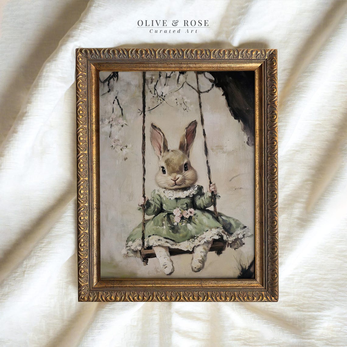 Vintage Easter Bunny On A Swing Print Cute Spring Rabbit Painting Wall Art Bunny In Green Dress Prints Easter Decor