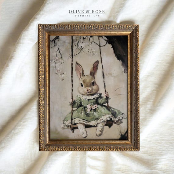 Vintage Easter Bunny On A Swing Print Cute Spring Rabbit Painting Wall Art Bunny In Green Dress Prints Easter Decor