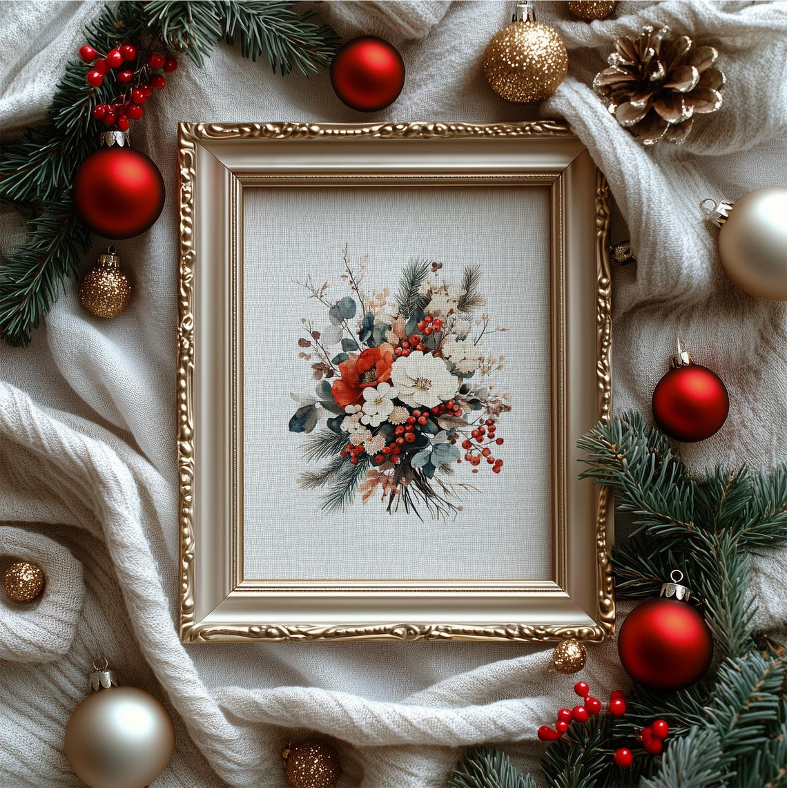 Vintage Winter Floral Bouquet Red Berries Eucalyptus Holiday Wall Art - Image 4
