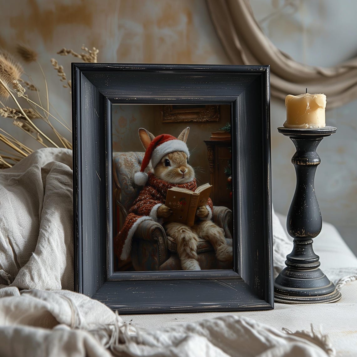 Funny Bunny Reading Book In Santa Hat Cozy Vintage Christmas Wall Art - Image 2