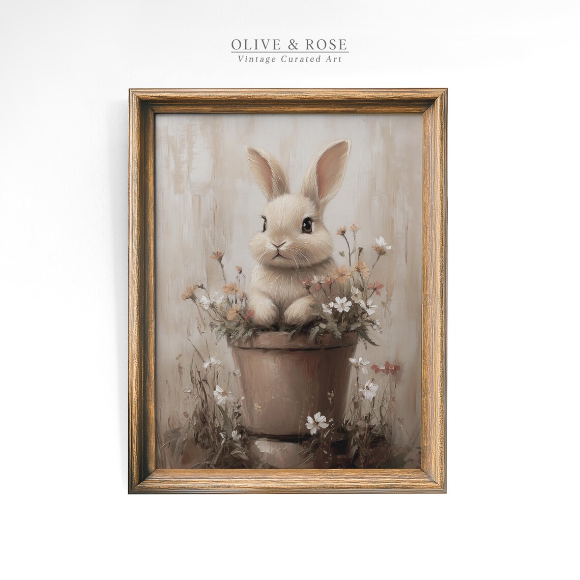 Neutral Bunny in Flower Pot Muted Beige Spring Botanical Wall Art - Image 4
