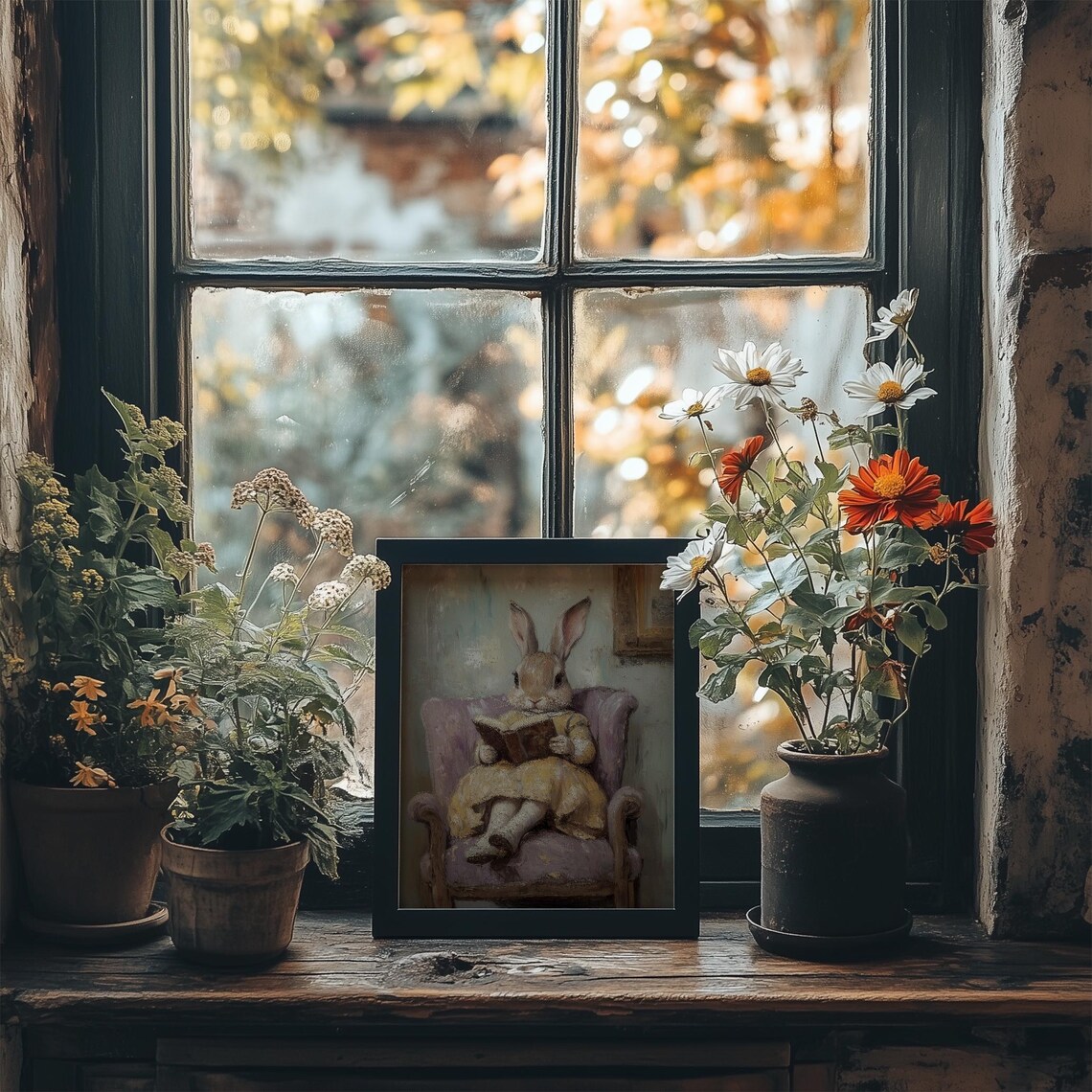 Bunny in Mustard Dress Reading Book Armchair Vintage Nursery Wall Art - Image 2