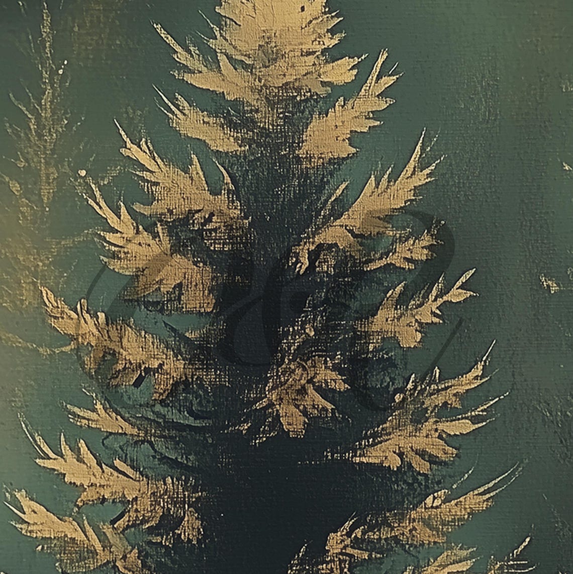 Golden Evergreen Forest Moody Dark Green Winter Trees Vintage Poster - Image 5