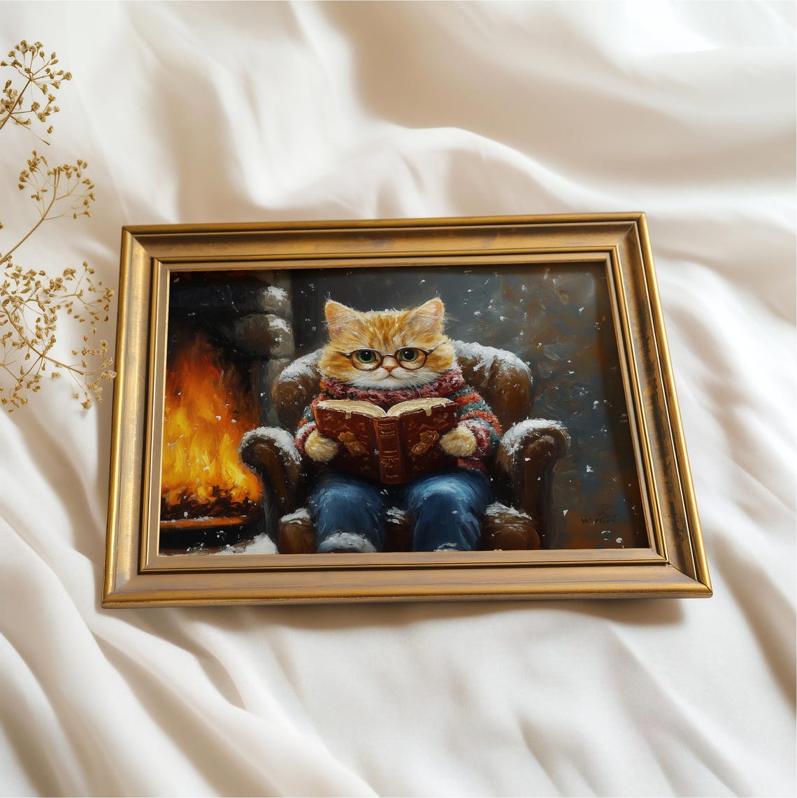 Funny Kitten Reading Book Christmas Wall Decor Cute Cat Painting Print Vintage Xmas Nursery Art Prints - Image 2