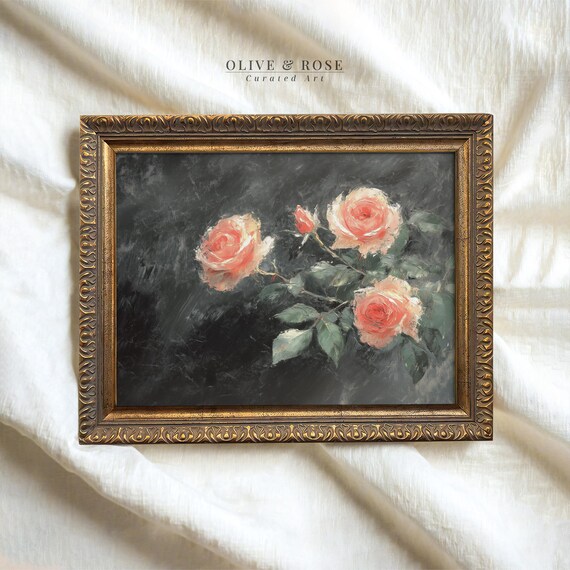 Vintage Pink Roses Valentines Day Print Moody Flowers Painting Wall Art Dark Love Floral Prints Elegant Botanical Decor