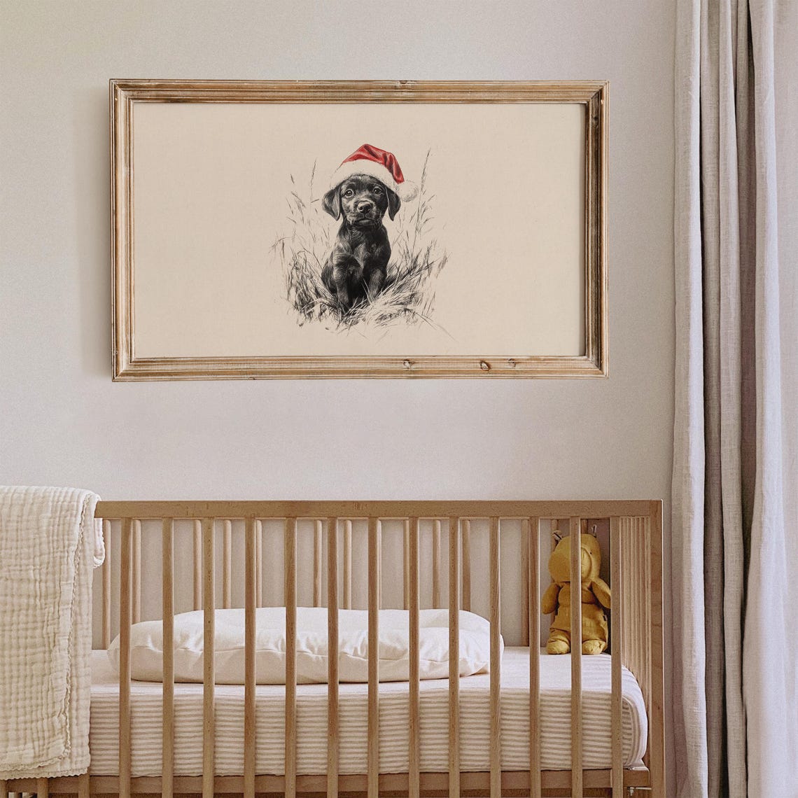 Black Puppy In Santa Hat Sketch Frame Tv Art Nursery Christmas Decor Cute Baby Dog Drawing Tv Art Vintage Animal Xmas Screensaver - Image 3