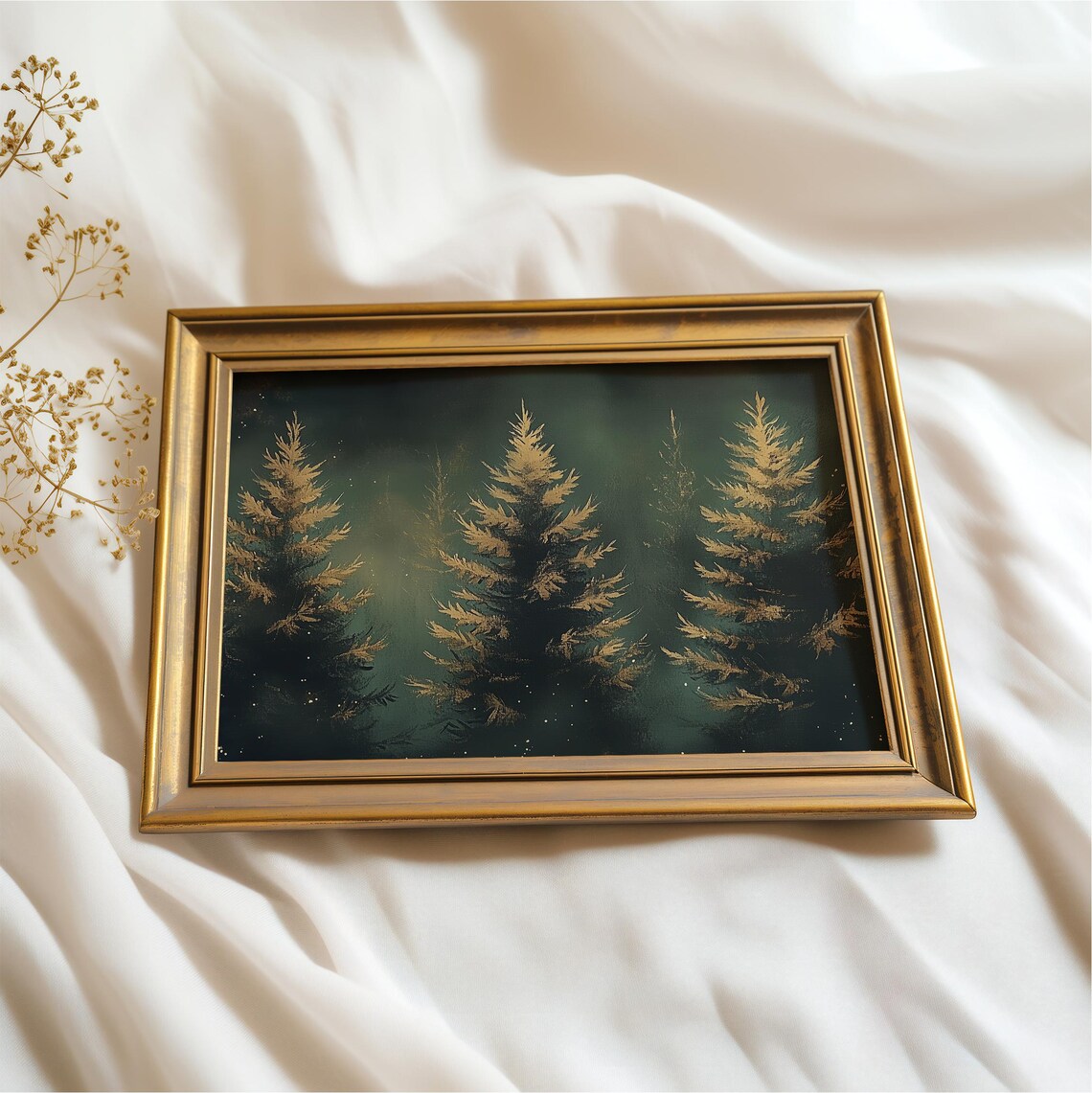 Golden Evergreen Forest Moody Dark Green Winter Trees Vintage Poster - Image 2