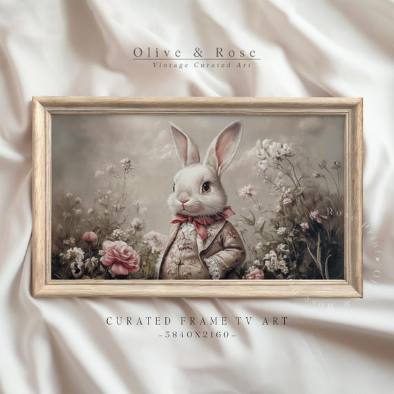 Vintage Easter Bunny In Wild Flower Meadow Frame Tv Art Cute Sleepy Rabbit Painting Tv Art Pastel Spring Decor Holiday Screensaver