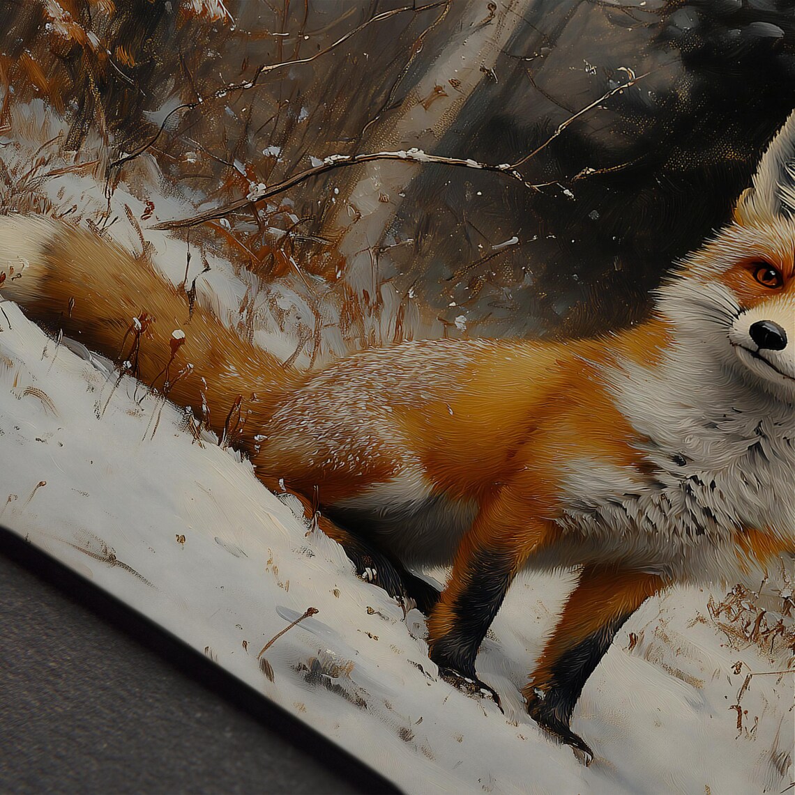 Majestic Red Fox In Snow Vintage Wildlife Oil Painting Rustic Winter Wall Art - Image 5