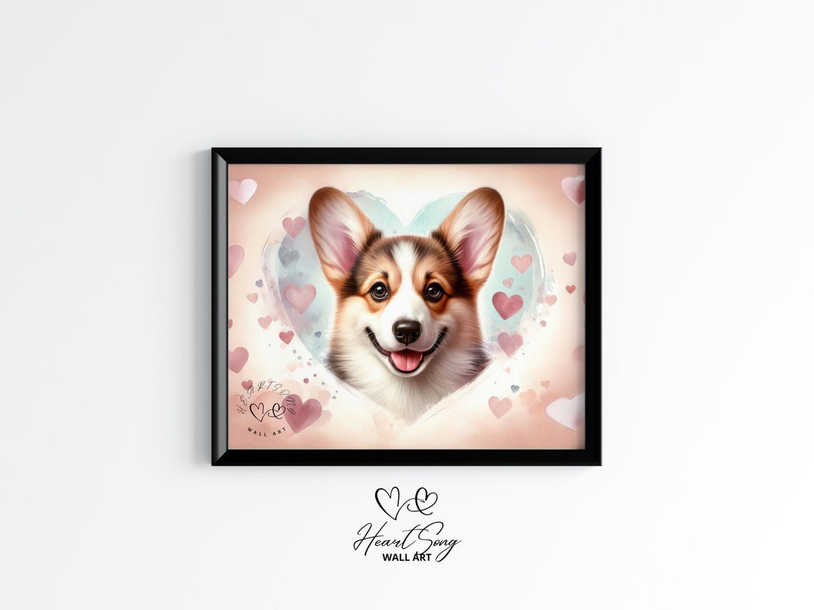 Smiling Corgi Puppy with Pink Hearts Watercolor Rustic Dog Print