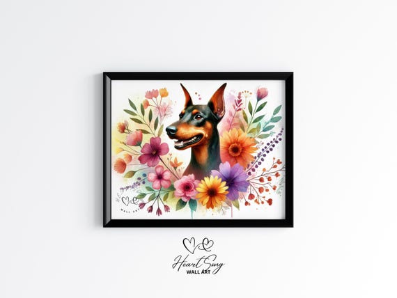 Doberman Pinscher Floral Dog Print Striking Moody Pet Portrait Bold Botanical Summer Wall Art Elegant Painting 71