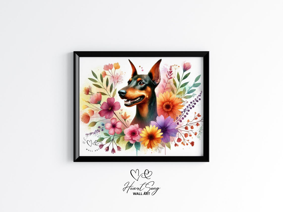 Doberman Pinscher Floral Watercolor Poster Dog Breed Botanical Decor