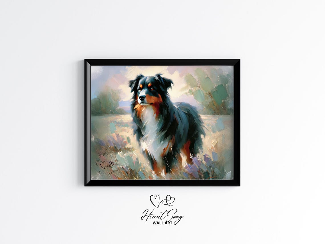 Tricolor Australian Shepherd Standing In Soft Green Field Poster
