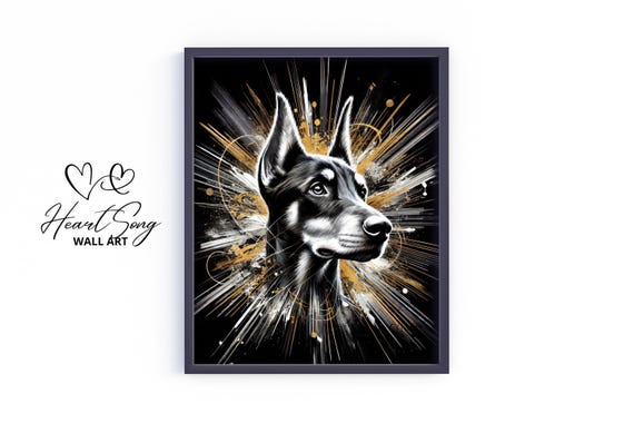 Doberman Pinscher Dog Wall Art Moody Black And Gold Pet Portrait Vintage Stylish Print Elegant Animal 353