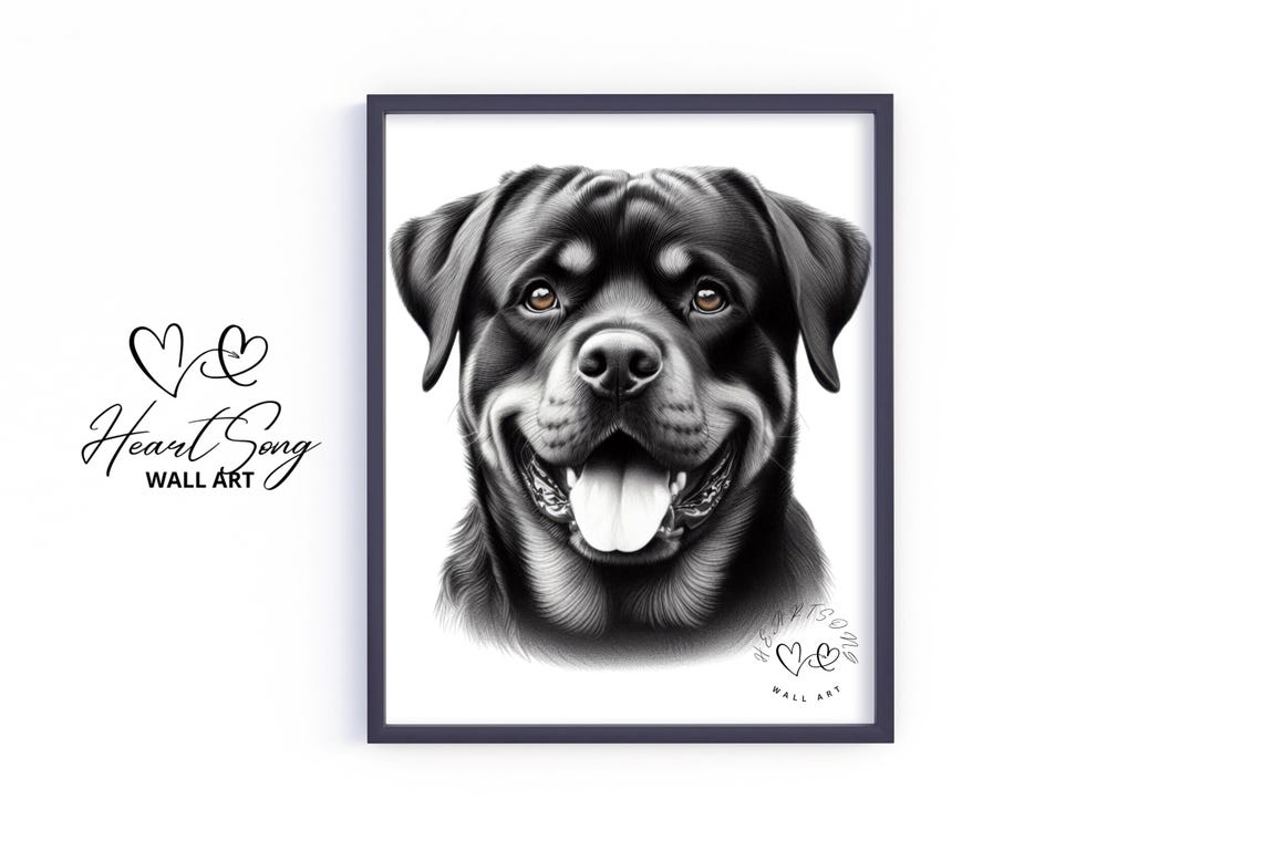 Rottweiler Happy Dog Pencil Sketch Portrait Rustic Cozy Wall Art