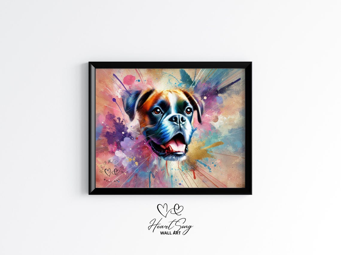 Boxer Dog Bright Watercolor Paint Splash Happy Portrait Poster