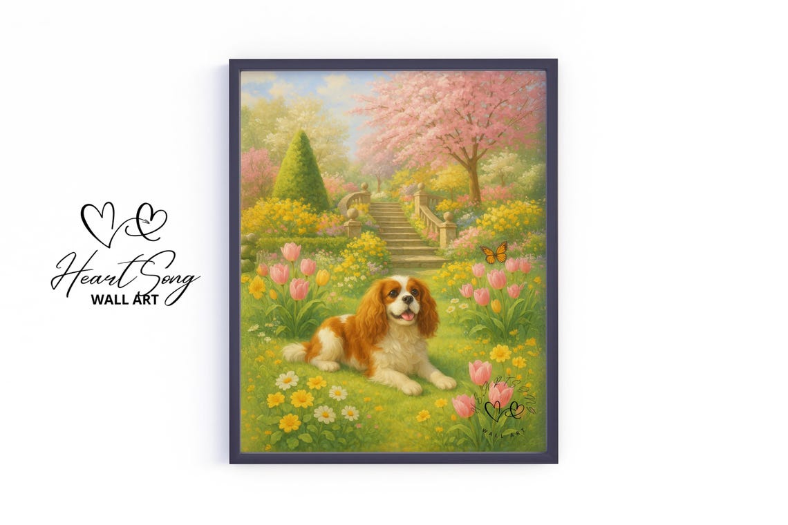 Cavalier King Charles Spaniel in Blooming Tulip Garden Poster