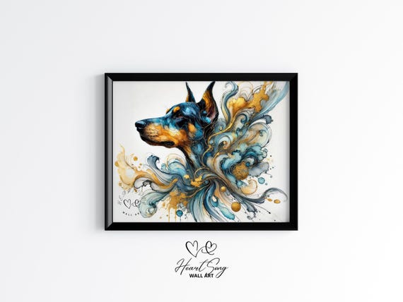 Doberman Pinscher Wall Art Moody Rustic Dog Painting Alcohol Ink Earthy Farmhouse Decor 151