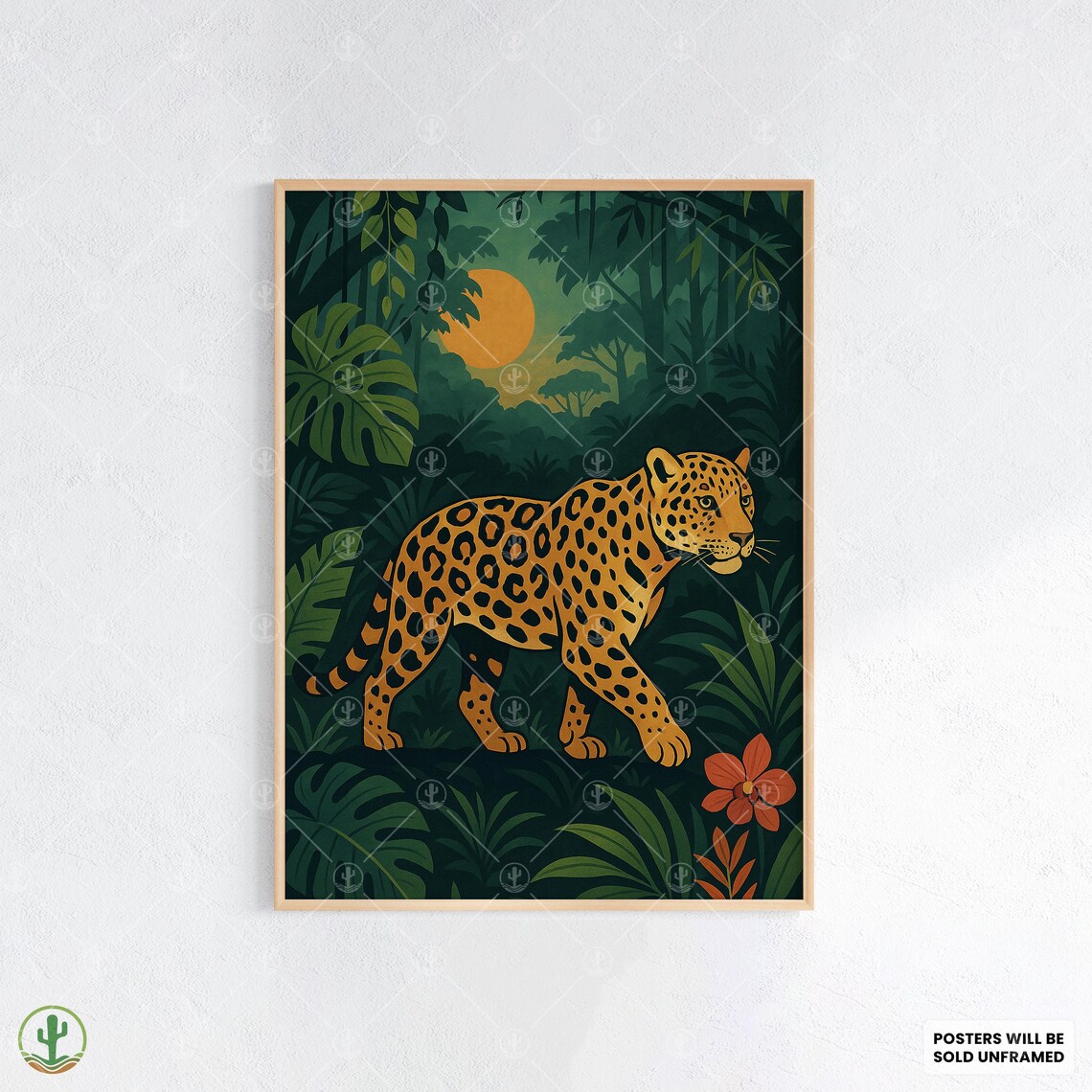 Leopard in Moonlit Jungle Tropical Wildlife Animal Art Poster