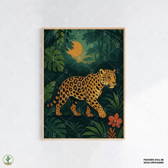 Leopard in Moonlit Jungle Tropical Wildlife Animal Art Poster