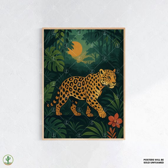 Leopard Jungle Wall Art Print Bold Tropical Wildlife Poster With Lush Foliage Sunset Fierce Big Cat Illustration