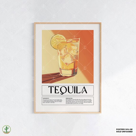 Tequila Retro Cocktail Recipe Poster Bold Orange Citrus Bar Art