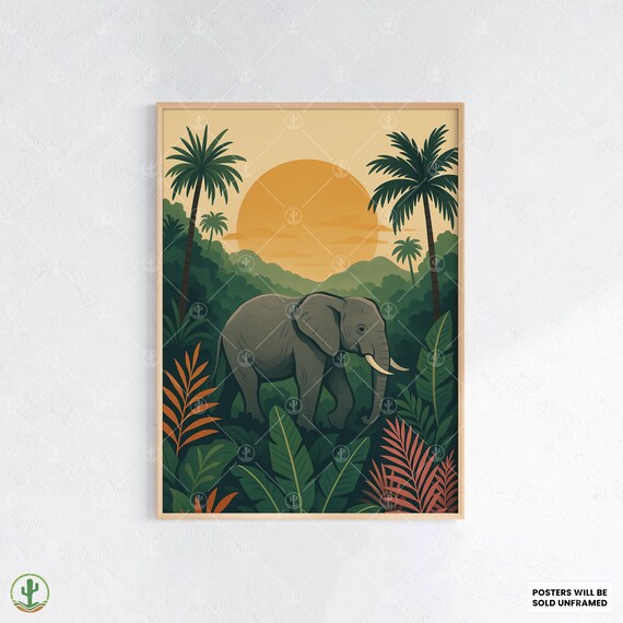 Jungle Elephant Wall Art Print Majestic Safari Animal Poster With Tropical Foliage Sunset Lush Rainforest Scene