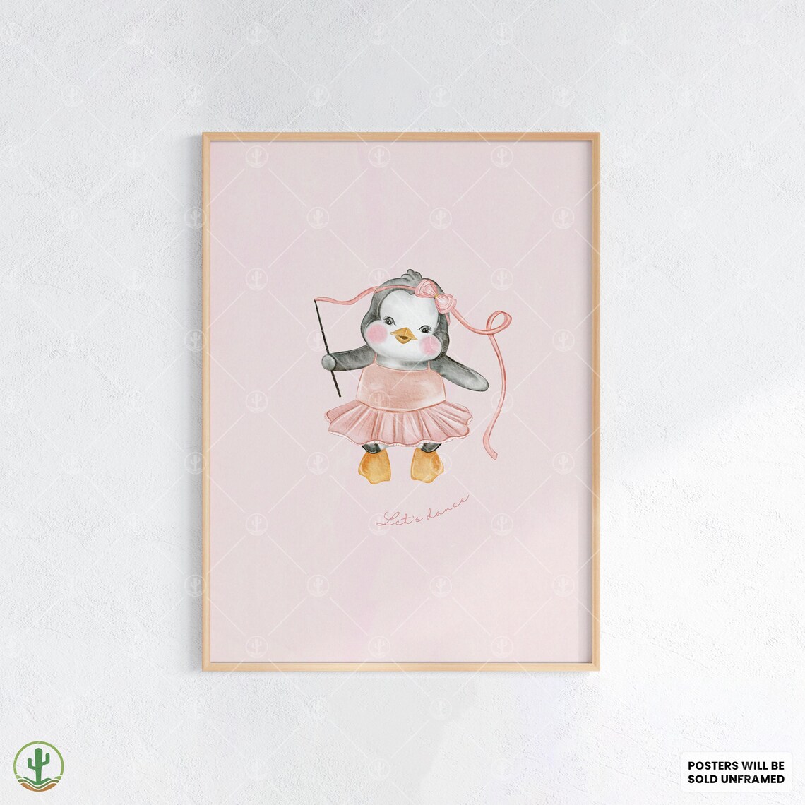 Cute Baby Penguin Ballet Dancer Pink Nursery Watercolor Poster