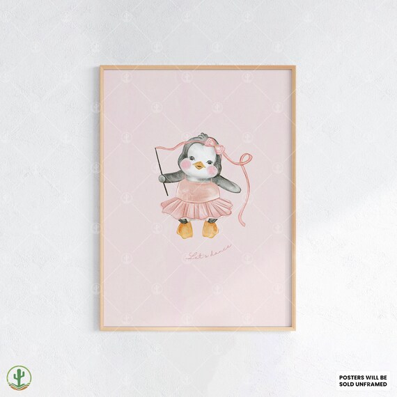 Cute Baby Penguin Ballet Dancer Pink Nursery Watercolor Poster