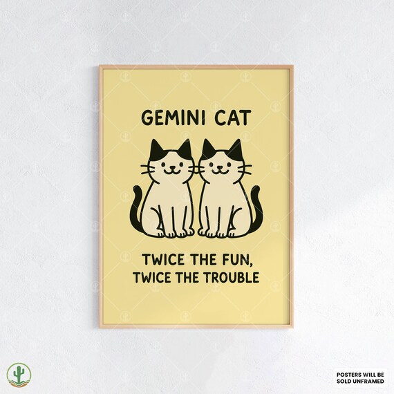 Funny Gemini Cat Zodiac Poster Double Trouble Astrology Art Print For Playful Twins Lovers