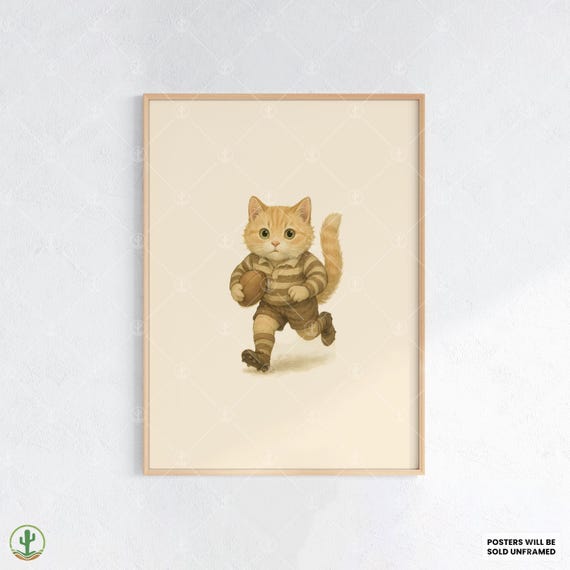 Rugby Cat Watercolor Wall Art Playful Orange Tabby Kitten In Striped Jersey Poster Print For Sports Fans And Animal Lover Decor