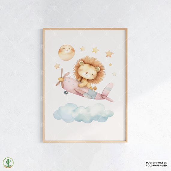 Flying Lion Adventure Poster Nursery Wall Art Print Cute Baby Room Decor Animal Kids
