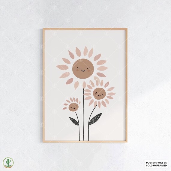 Smiling Sunflower Family Cute Blush Floral Kids Room Art Poster
