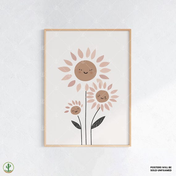 Smiling Sunflower Family Nursery Wall Art Print Cute Baby Room Decor Animal Kids Poster