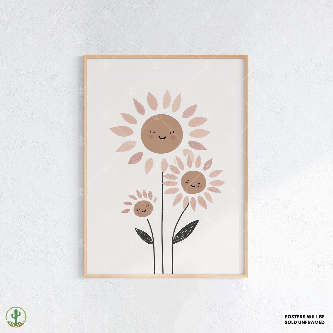 Smiling Sunflower Family Cute Blush Floral Kids Room Art Poster